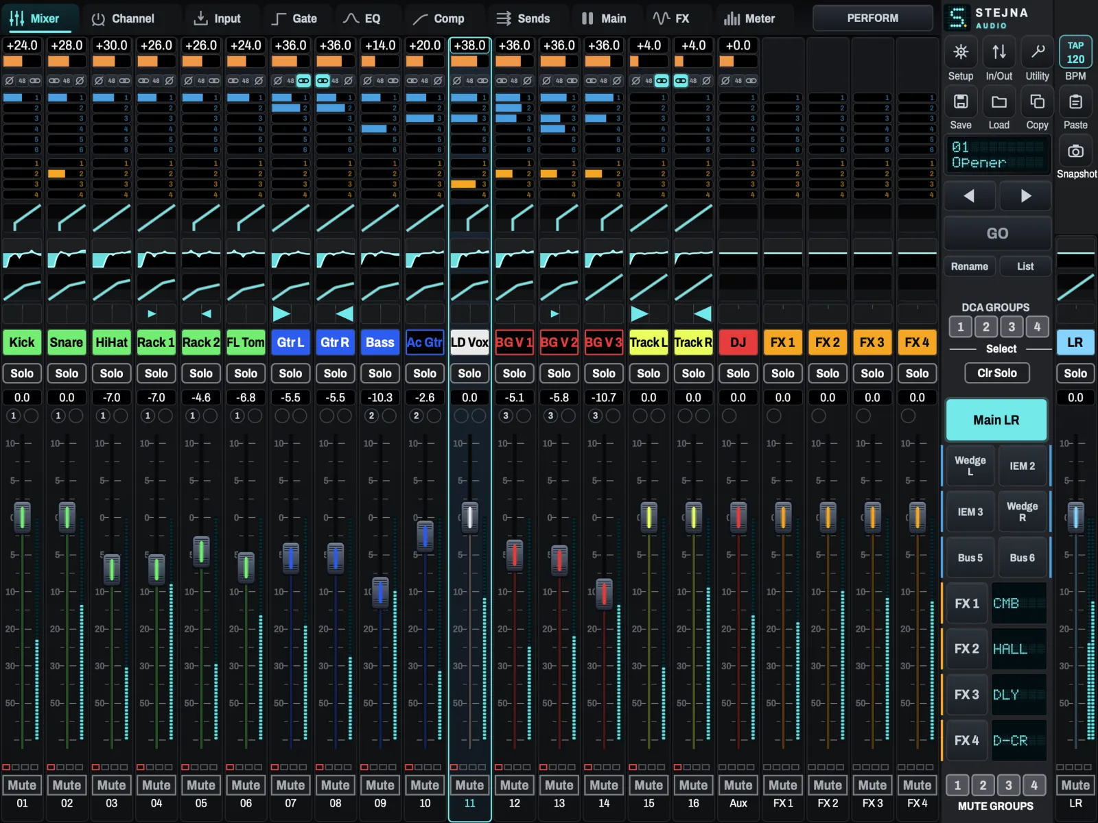 The Stejna Mix mixer page on iPad: sixteen channel strips with faders, sends and meters, and snapshot and tap-tempo controls at the right.
