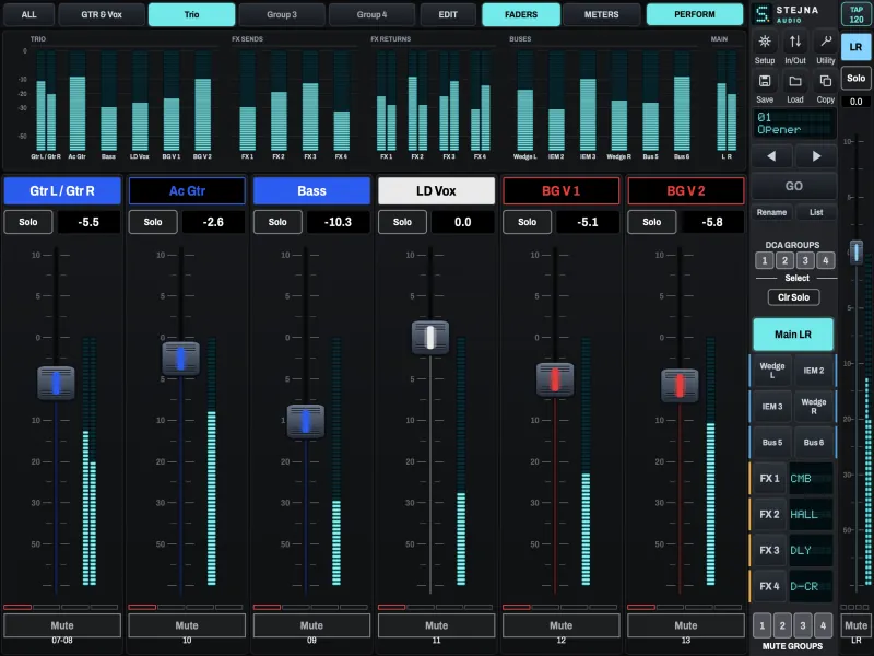 Perform mode: six big faders for a trio, with large Mute and Solo keys.