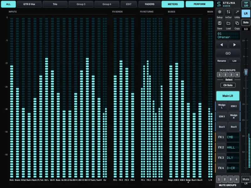 The meter bridge full screen: every input, effect, bus and main level.