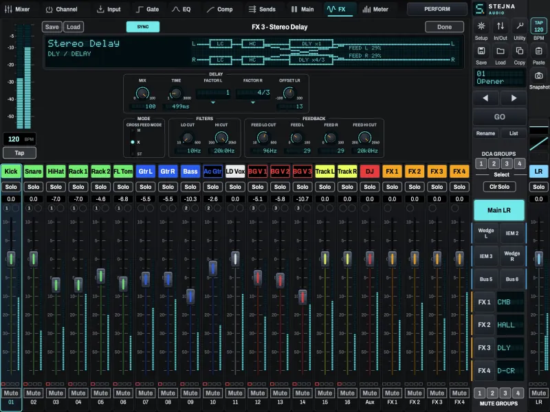 The Stereo Delay effect face, with a display showing the delay's routing.