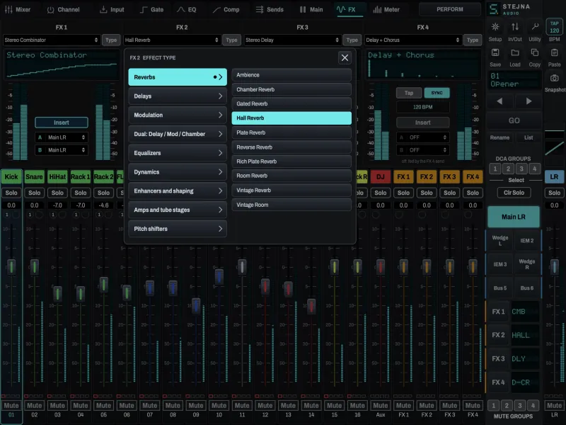The effect browser: folders for reverbs, delays, modulation, EQs, dynamics, enhancers, amps and pitch.