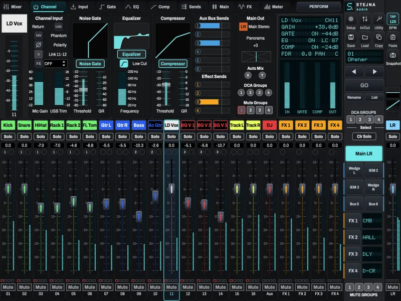 The channel page: input, gate, EQ, compressor and sends for one channel.