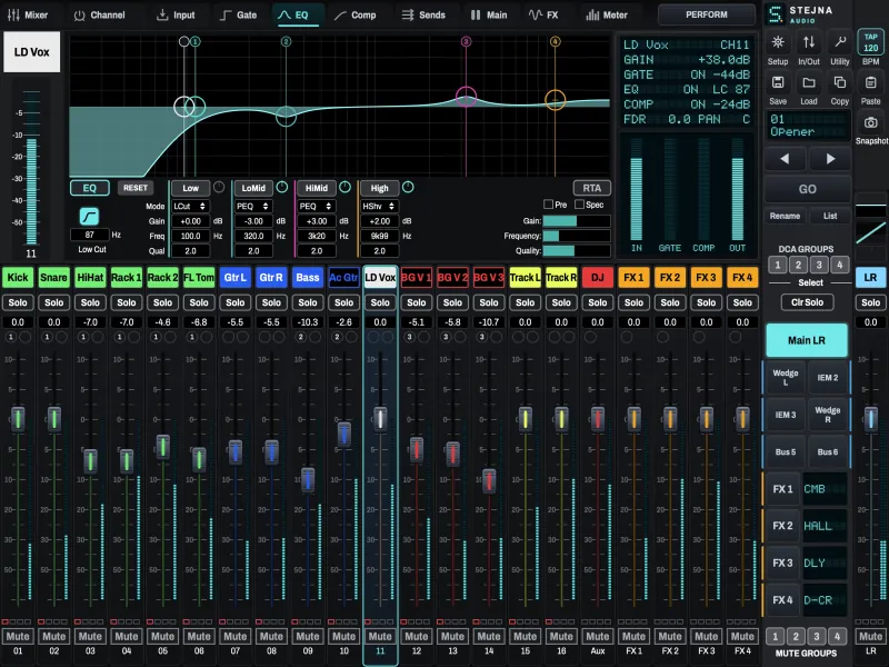 The EQ page: a four-band EQ curve with a low cut, and the selected-strip summary display.